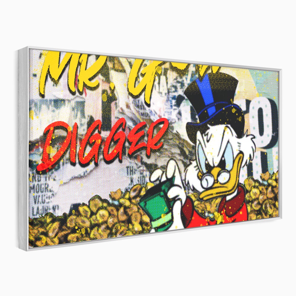 Tablou canvas cu tablou canvas cu scrooge mcduck si bani, in rama de aluminiu argintiu